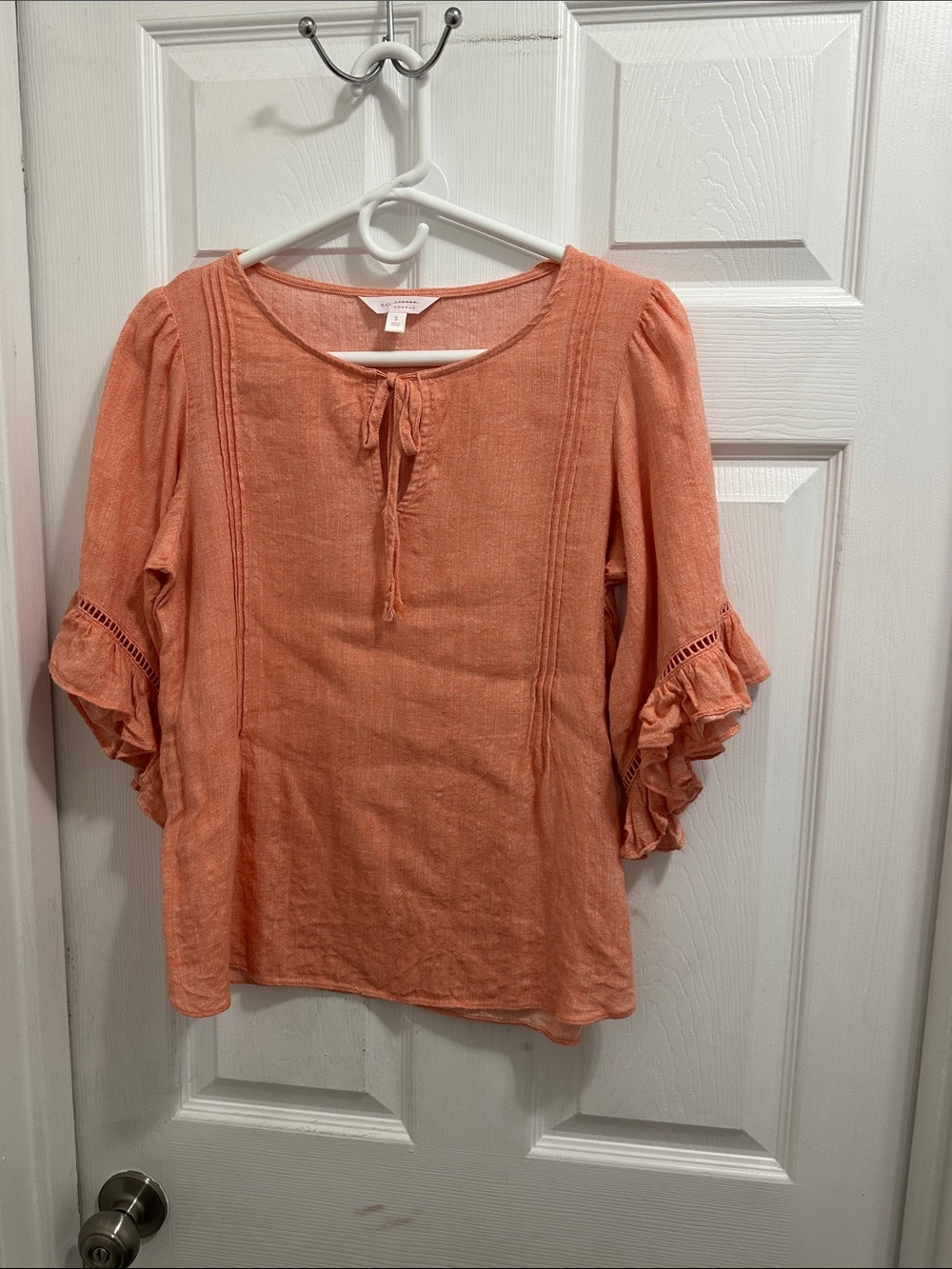 LC Lauren Conrad Coral Linen Blend Tie-Neck Peasant Blouse